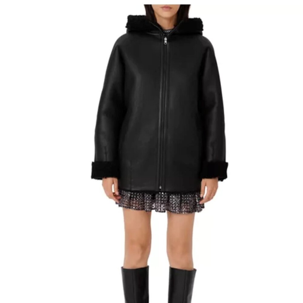 Maje Reversible Hooded Shearling Coat